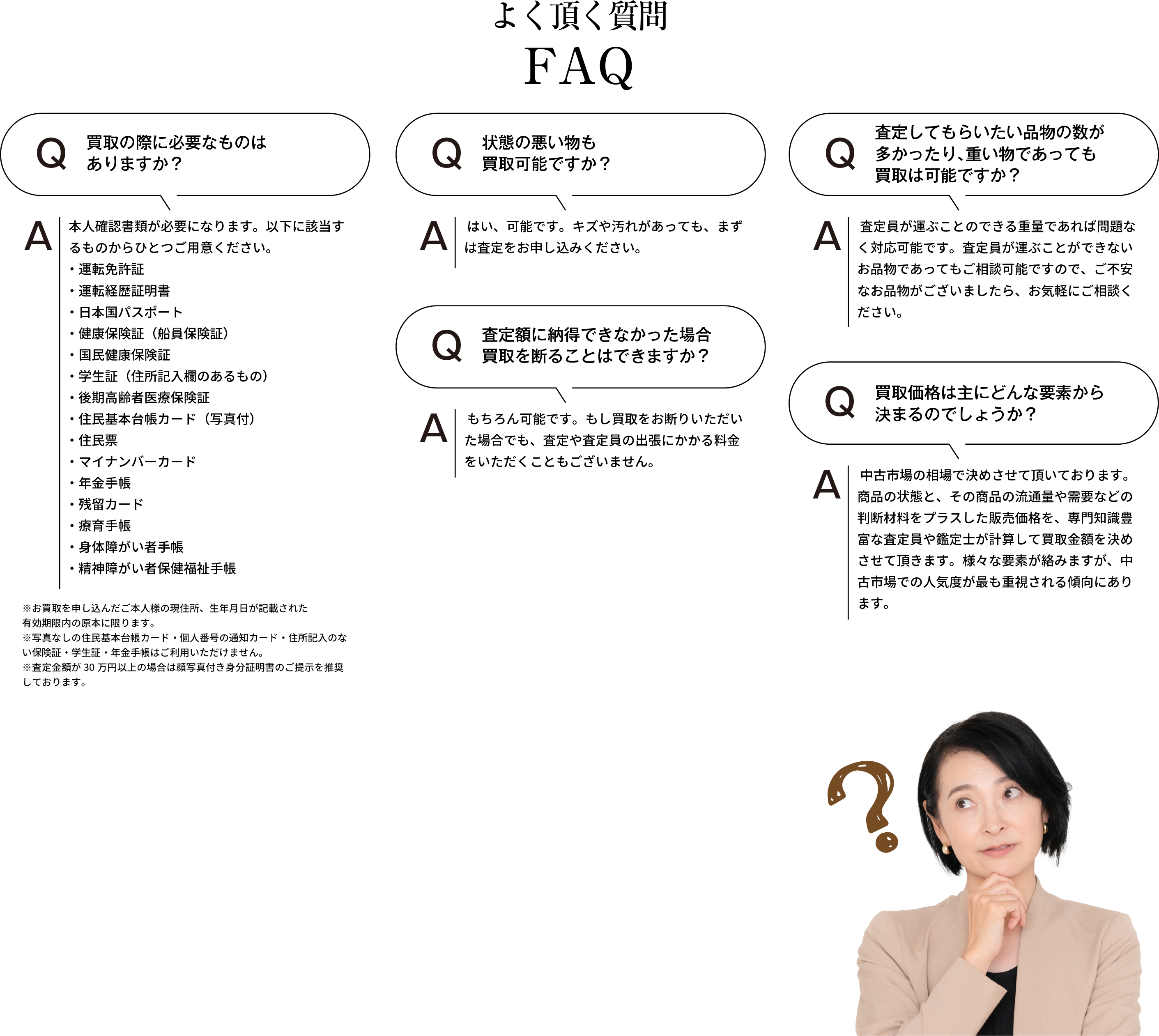 よく頂く質問 買取の際に必要なものはありますか？ 本人確認書類が必要になります。以下に該当するものからひとつご用意ください。・運転免許証・運転経歴証明書・日本国パスポート・健康保険証(船員保険証)・国民健康保険証・学生証(住所記入欄のあるもの)・後期高齢者医療保険証・住民基本台帳カード(写真付)・住民票・マイナンバーカード・年金手帳・残留カード・療育手帳・身体障がい者手帳・精神障がい者保健福祉手帳 ※お買取を申し込んだご本人様の現住所、生年月日が記載された有効期限内の原本に限ります。※住民票・写真なしの住民基本台帳カード・個人番号の通知カード・住所記入のない保険証・学生証・年金手帳はご利用いただけません。※査定額が30万円以上の場合は顔写真付き身分証明書のご提示を推奨しております。 状態の悪い洋食器も買取可能ですか？ はい、可能です。シミや汚れがあっても、まずは査定をお申し込みください。 査定額に納得できなかった場合、買取を断ることはできますか？ もちろん可能です。もし買取をお断りいただいた場合でも、査定や査定員の出張にかかる料金をいただくこともございません。査定してもらいたい品物の数が多かったり、重いものであっても買取は可能ですか？ 査定員が運ぶことのできる重量であれば問題なく対応可能です。査定員が運ぶことができないお品物であってもご相談可能ですので、ご不安なお品物がございましたら、お気軽にご相談ください。 買取価格は主にどんな要素から決まるのでしょうか？ 中古市場の相場で決めさせて頂いております。商品の状態と、その商品の流通量や需要などの判断材料をプラスした販売価格を、専門知識豊富な査定員や鑑定士が計算して買取金額を決めさせて頂きます。様々な要素が絡みますが、中古市場での人気度が最も重視される傾向にあります。