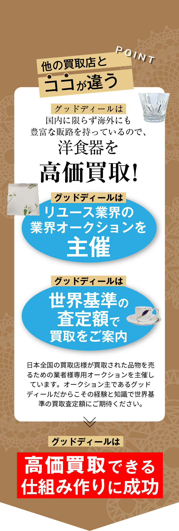 POINT 他の買取店とココが違う グッドディールは国内に限らずアメリカやヨーロッパ等海外にも豊富な販路を持っているので、洋食器を高価買取! グッドディールはリユース業界の業界オークションを主催 グッドディールは世界基準の査定額で買取をご案内 日本全国の買取店様が買取された品物を売るための業者様専用オークションを主催しています。オークション主であるグッドディールだからこその経験と知識で世界基準の買取査定額にご期待ください。 グッドディールは高価買取できる仕組み作りに成功